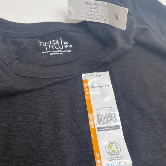 Time & Tru Womens Black Slub Crew Tee Shirt Medium 8-10 - Picture 2 of 4